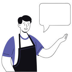 Smiling man in apron presents an idea with a speech bubble illustration