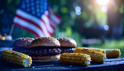 Tasty Burgers and Corn with American Flag at Sunny Backyard Barbecue. US Independence Day. AI Generated