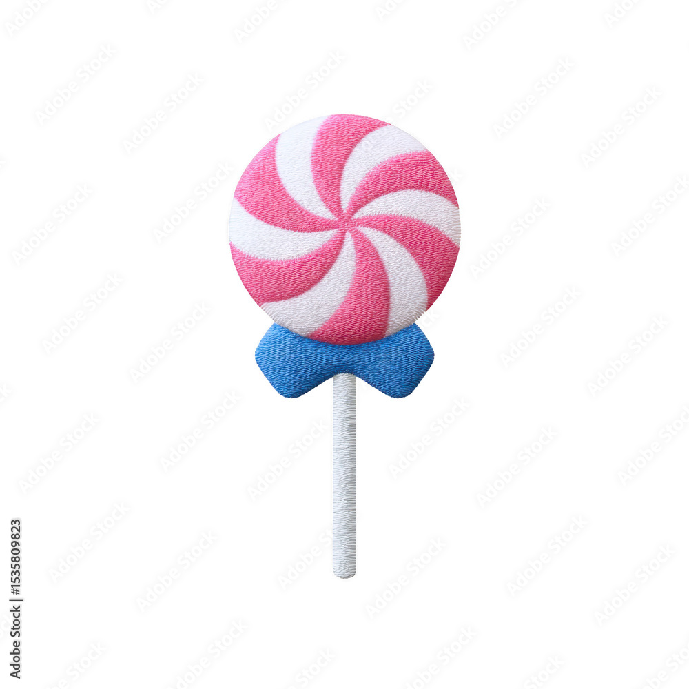 Poster colorful lollipop with pink and white swirl pattern is adorned with blue bow, creating playful and s