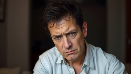 Obraz premium Frustrated and stressed middle-aged man with wrinkled forehead staring, facial expression closeup