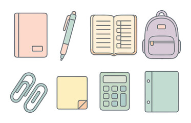 School supplies icons set – outline, stationery essentials and educational tools