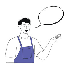 Asian man in blue apron presents idea near speech bubble with blank space
