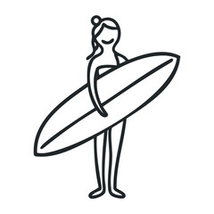 Female surfer stick figure icon with surfboard line art – stock vector icon in line drawing style