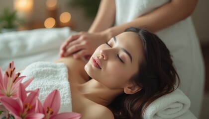 Naklejka premium Relaxing spa treatment with a serene woman enjoying a massage