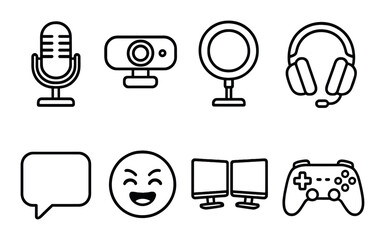 Streamer setup line icons set – audio, gaming and tech symbols for creators