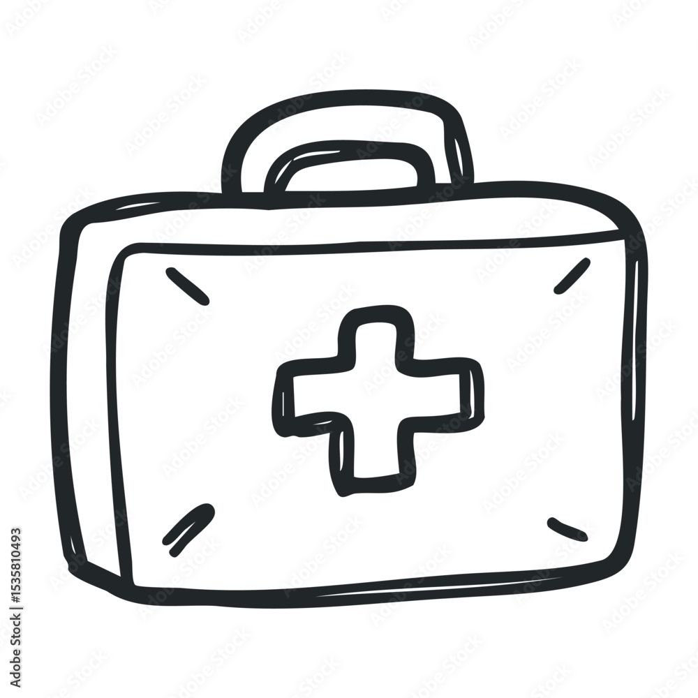 Poster simple line art drawing of a first aid kit with a cross symbol – stock vector icon in line drawing s