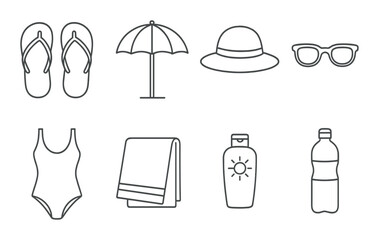 Vacation essentials silhouette icons set – minimalist travel and beach symbols