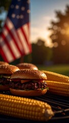 Grilled Burgers and Corn with American Flag in the Background at Sunset. US Independence Day. AI Generated