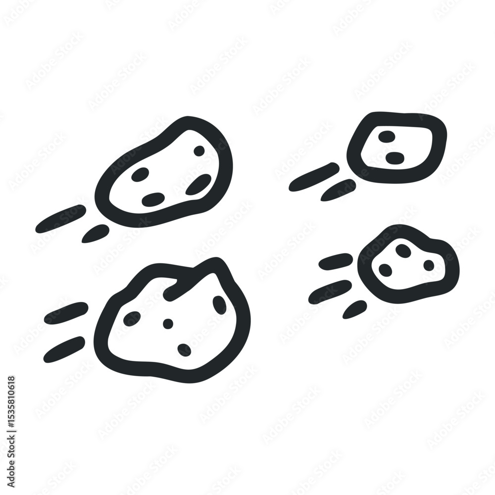 Poster hand-drawn sketch of four asteroids in motion – stock vector icon in line drawing style