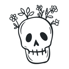 Obraz premium Skull with blossoms: botanical elements growing from a skeleton head – stock vector icon in line drawing style