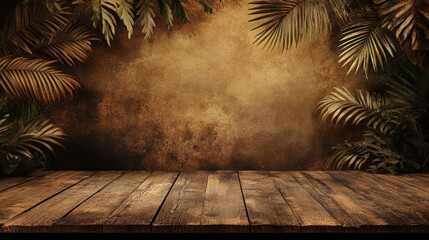 Rustic wooden table with tropical foliage against a textured wall.