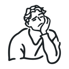 Fototapeta premium Minimalist line art of a young caucasian male deep in thought – stock vector icon in line drawing style