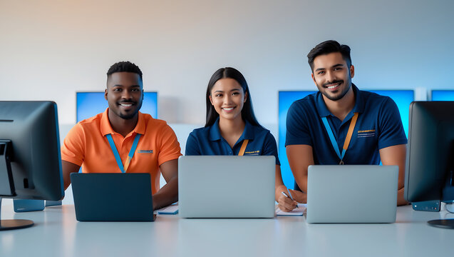 Smiling diverse team members working collaboratively on computers in a bright modern office