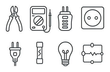 Electrical tools icons set – outline, equipment and utility symbol collection