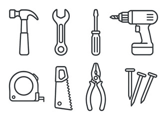 Tool and equipment icons set – linear, hardware and construction design elements