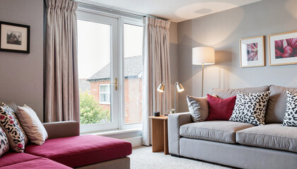 Fototapeta premium Cozy living room with modern furniture and natural light during the day 
