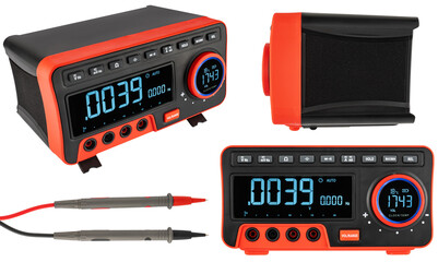 Professional multimeter with dial and measurement function. On white background.