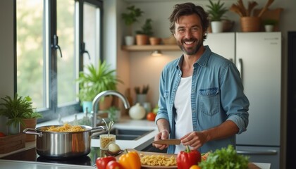 Cheerful man cooking pasta in a bright kitchen