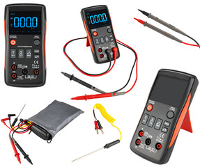 Professional multimeter with dial and measurement function. On white background.