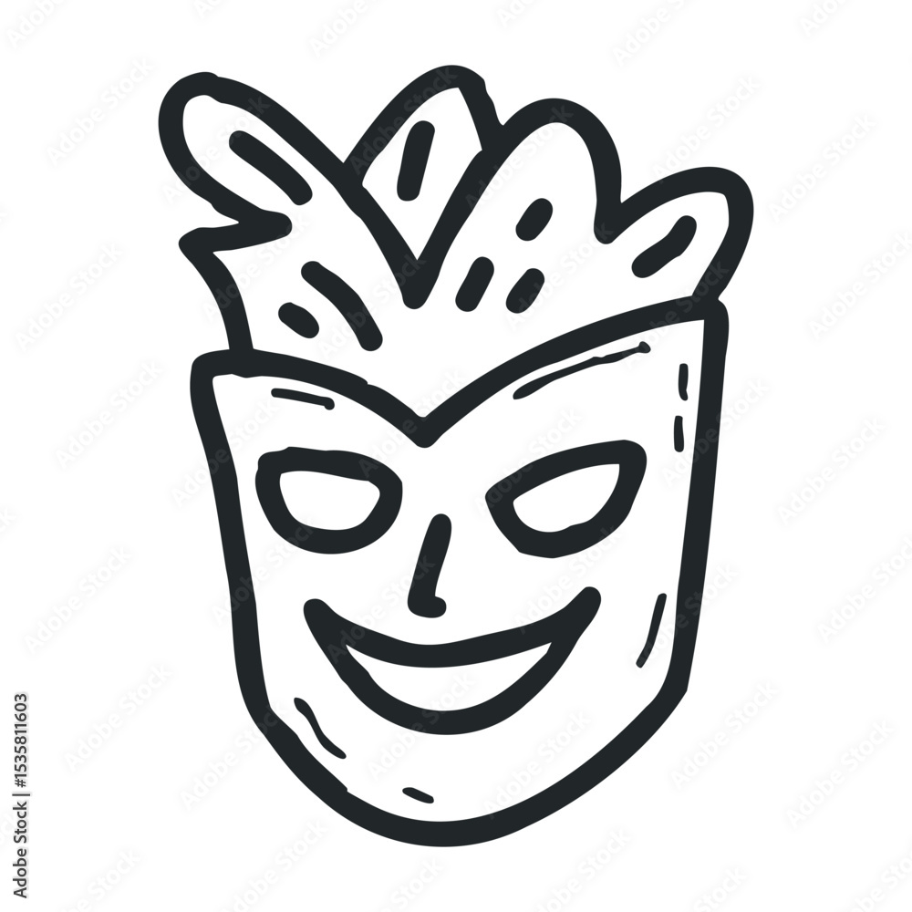 Poster hand-drawn abstract smiling mask with feathered design – stock vector icon in line drawing style