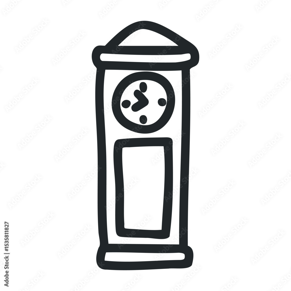 Poster simple black and white doodle of a standing clock with roman numerals – stock vector icon in line dr