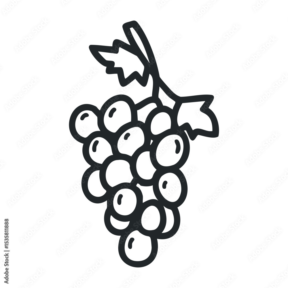 Poster simple black and white drawing of a grape cluster with leaves – stock vector icon in line drawing st