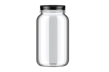 Clear glass jar with black lid is shown, perfect for storing food or liquids. simple design is versatile for kitchen use or decorative purposes