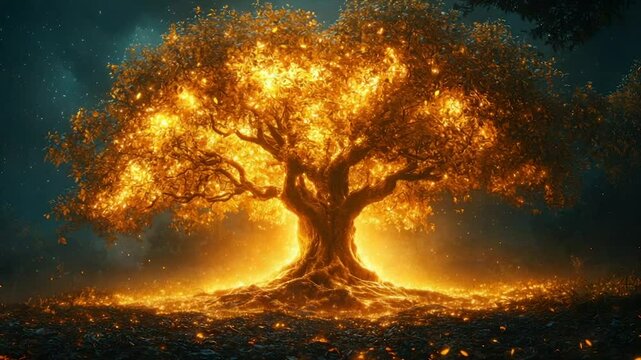 Glowing, ancient tree ablaze in a dark forest