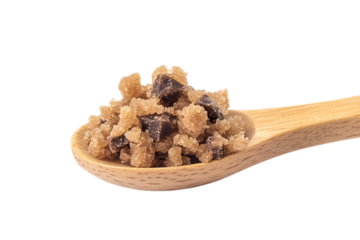 Wooden scoop filled with brown sugar isolated on white background or png background or transparent background.