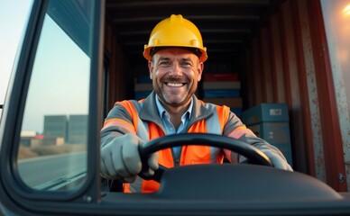 Truck driver in cab of semi-truck, Truck Driver Portrait 