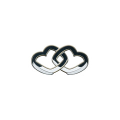 Fototapeta premium Two interlocking heart shaped rings symbolize love and connection, featuring sleek metallic design on plain background. intertwined hearts convey unity and affection