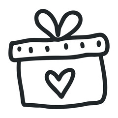 Hand-drawn gift box with heart and bow illustration – stock vector icon in line drawing style