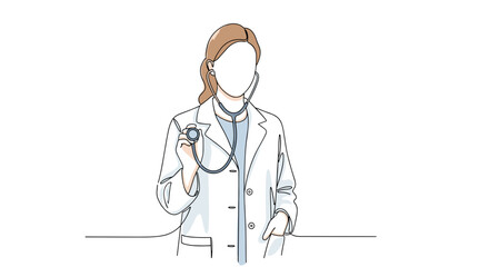 Female doctor in white coat with stethoscope - one line doodle drawing with watercolor fill, minimalistic vector illustration on white background