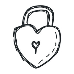 Heart-shaped lock with keyhole in hand-drawn doodle style – stock vector icon in line drawing style