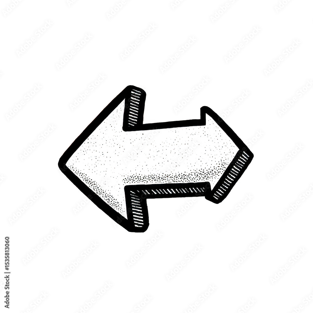 Poster hand drawn black arrow pointing left with textured, sketchy style on transparent background. arrow h