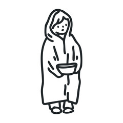Young child in hoodie holding bowl – stock vector icon in line drawing style