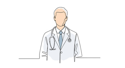 Fototapeta premium Doctor in white coat with stethoscope one line doodle drawing with watercolor fill, minimalistic vector illustration on white background