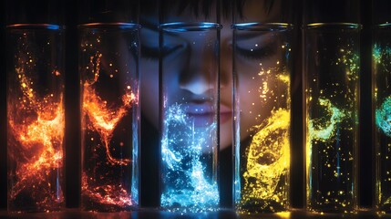 A series of interconnected test tubes with colorful reactions happening inside .