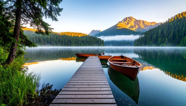 Serene lake at dawn, mountains in mist
