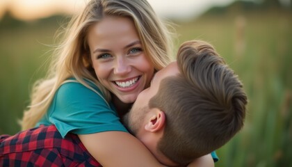 Fototapeta premium Joyful couple embracing in a sunlit field
