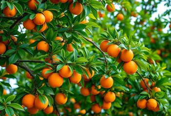 Lush green leaves, vibrant tree branches laden with glowing oranges, whimsical style,  magical tree,  design