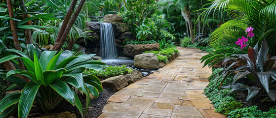 Tropical garden pathway with waterfall feature
