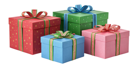 Four Gift Boxes Composition Festive Presents Isolated on Transparent Background, Christmas, Holiday, Gift, Presents, Boxes