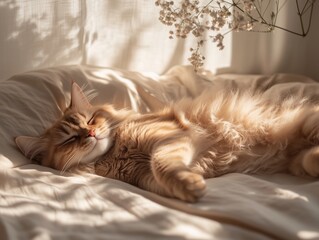 Fluffy ginger cat lounges peacefully in bed, basking in warm sunlight streaming through window.