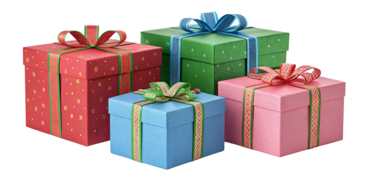 Four Gift Boxes Composition Festive Presents Isolated on Transparent Background, Christmas, Holiday, Gift, Presents, Boxes
