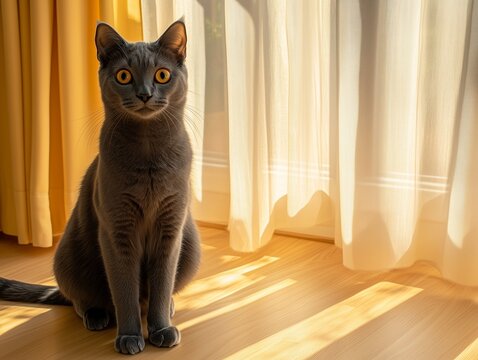 Russian Blue cat sits peacefully in warm sunlight, highlighting its sleek blue-gray fur.