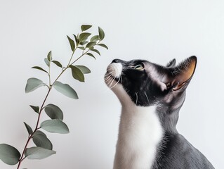 Black and white cat sniffing a eucalyptus branch, curious and calm on neutral background.