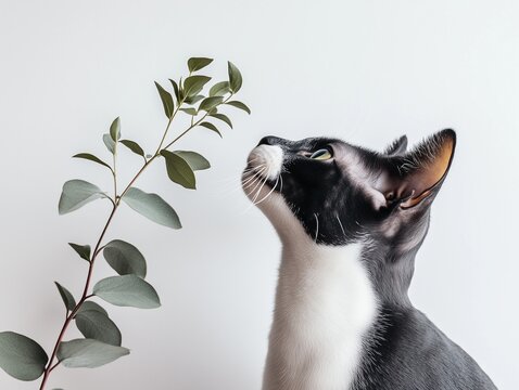 Black and white cat sniffing a eucalyptus branch, curious and calm on neutral background.