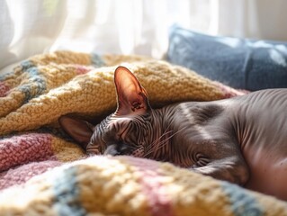 Sphinx cat sleeping peacefully wrapped in a colorful knitted blanket, cozy and warm.