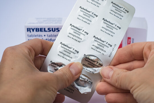 Tallinn, Estonia - June 15, 2025: Rybelsus tablets by Novo Nordisk for treatment of type 2 diabetes mellitus in adults as an adjunct to diet and exercise. Medicine or pharmacy concept.